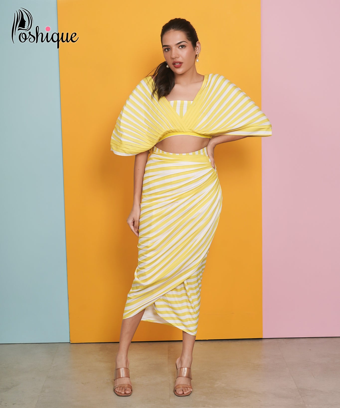 Yellow & White Striped Draped Midi Skirt